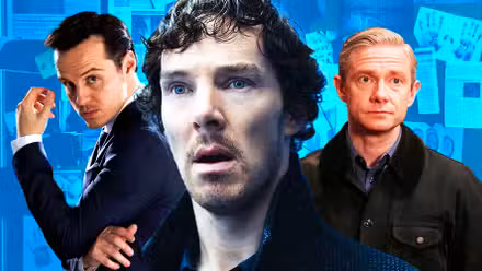 Sherlock collage with Moriarty (Andrew Scott), Sherlock Holmes (Benedict Cumberbatch) and James Watson (Martin Freeman) in front of a blue background