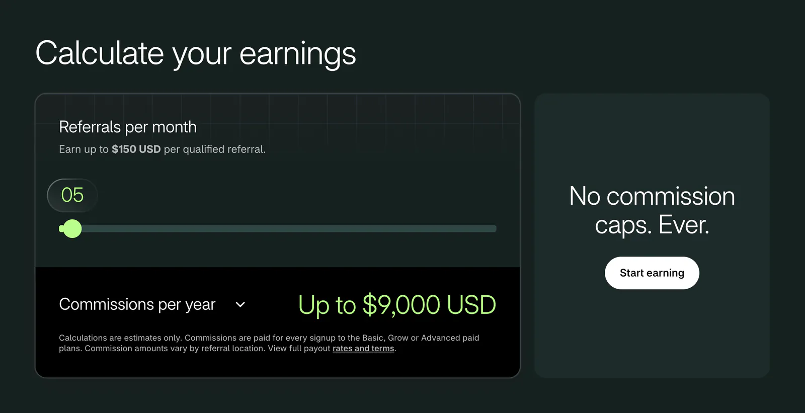 Shopify affiliate earnings calculator showing up to $150 USD per qualified referral and no commission caps.