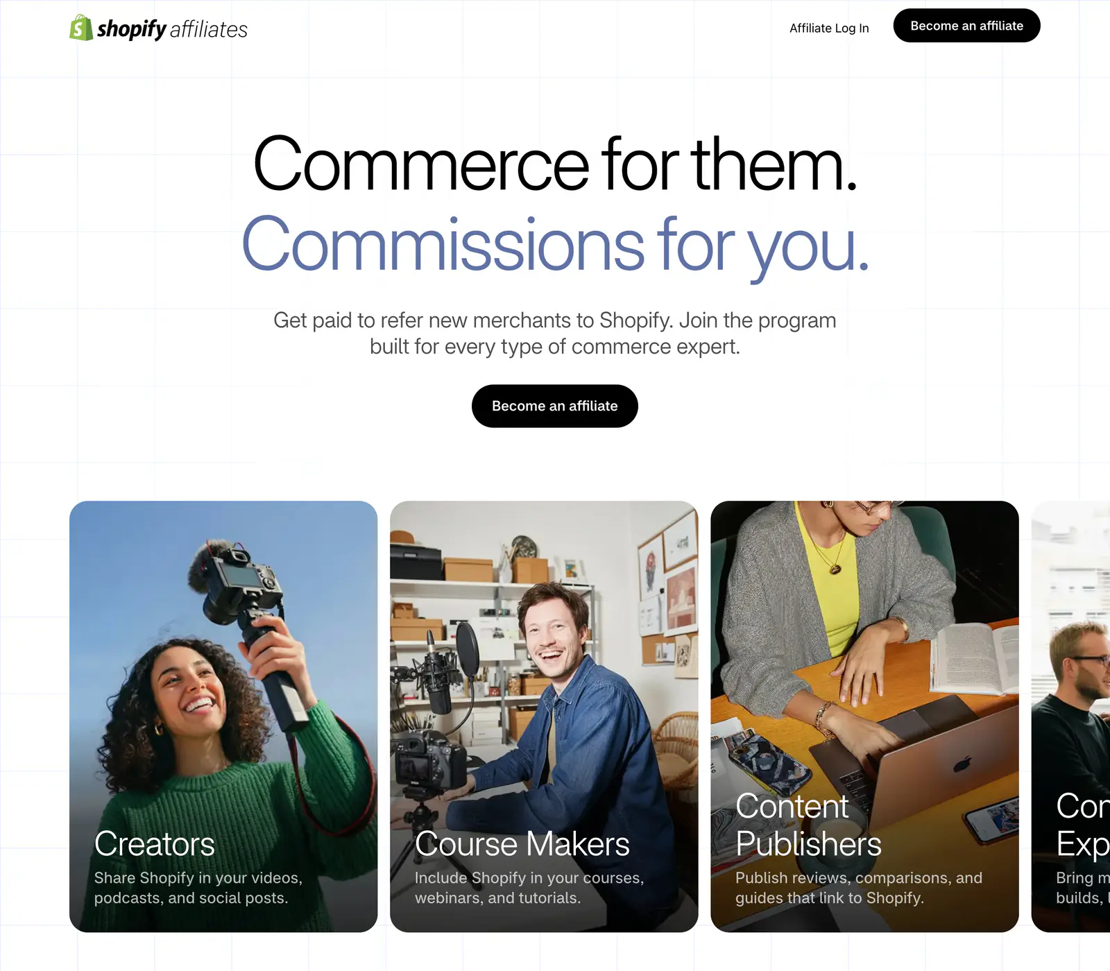 Shopify affiliate program page inviting creators, course makers, and content publishers to refer new merchants.