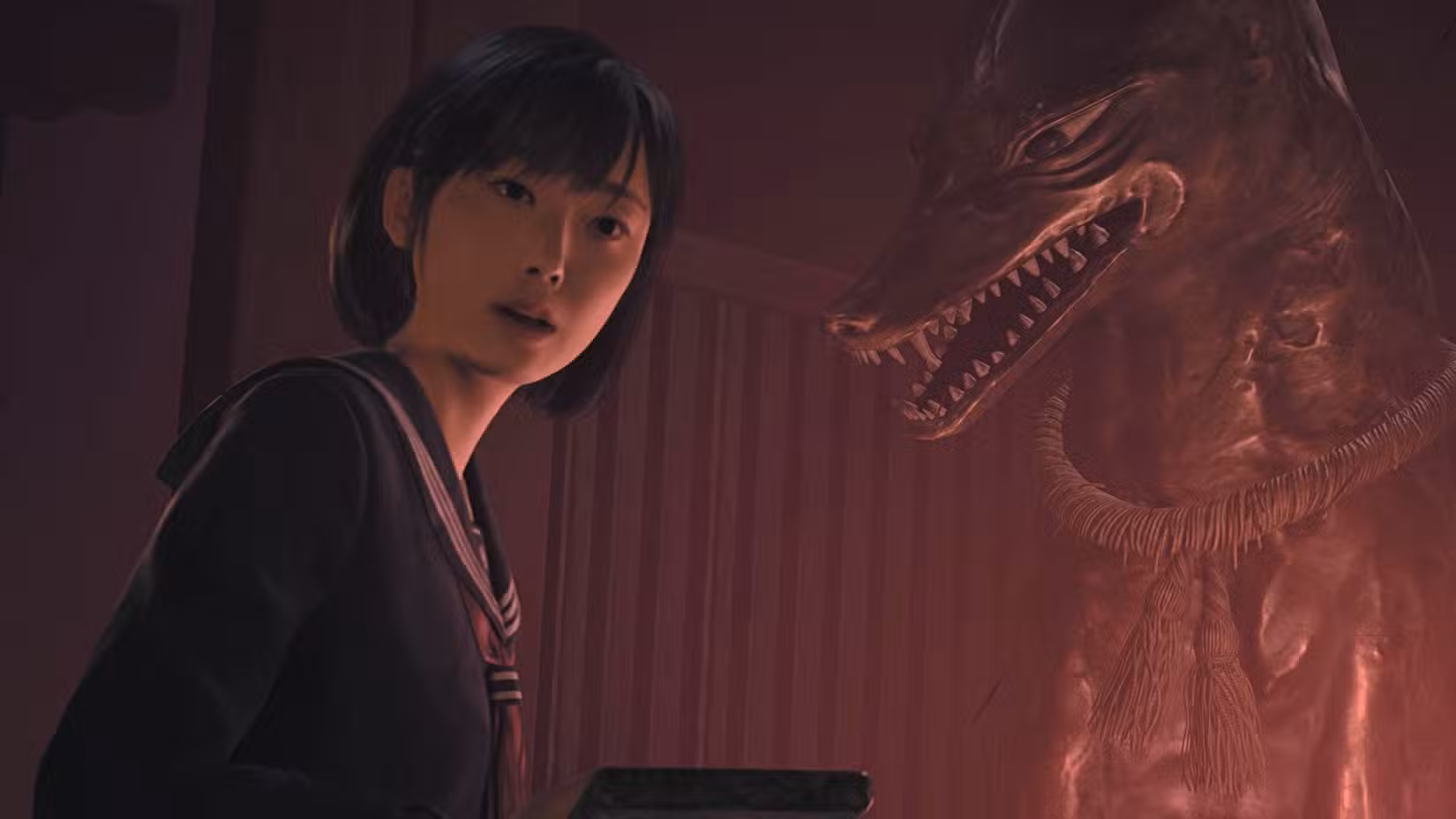 Hinkao near a fox statue in Silent Hill f's shrine vault puzzle