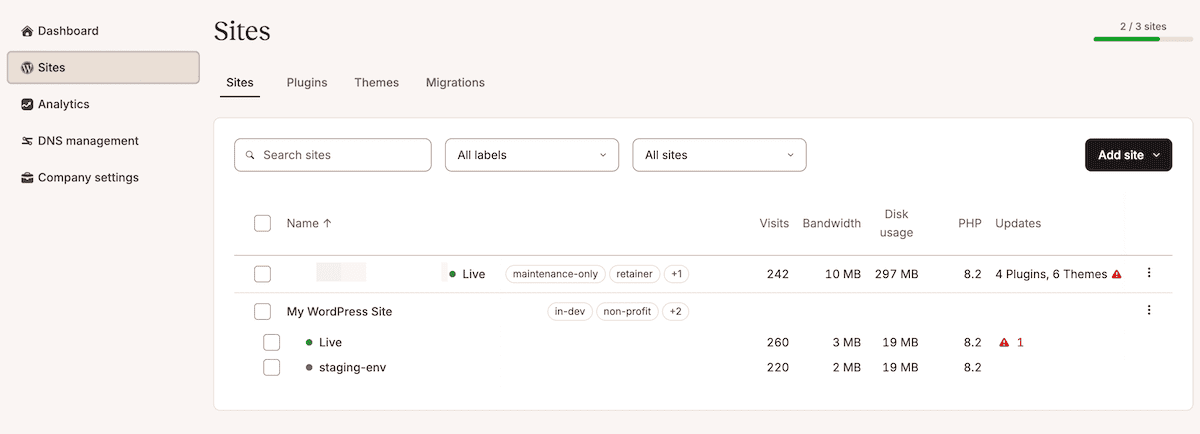 The MyKinsta Sites screen showing two websites, one of which has a staging environment. There is also information and specifications relating to each live site.