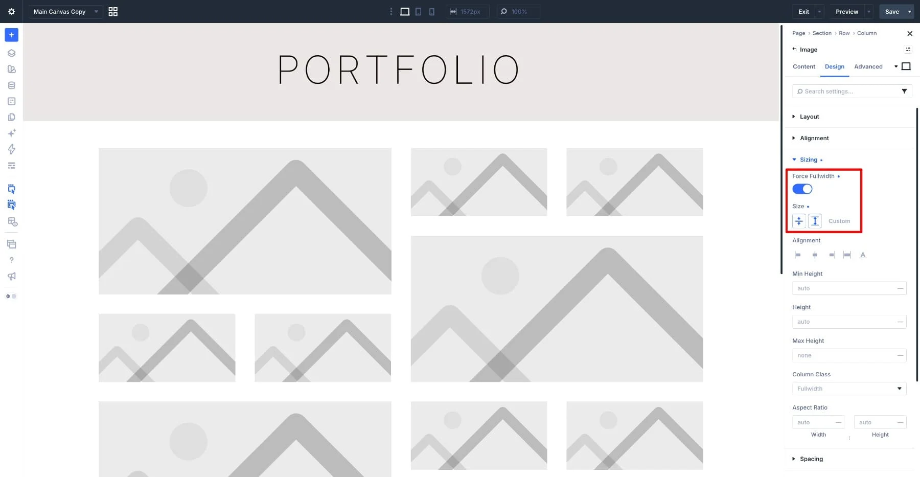 Enabling Force Fullwidth in the Image Module sizing settings