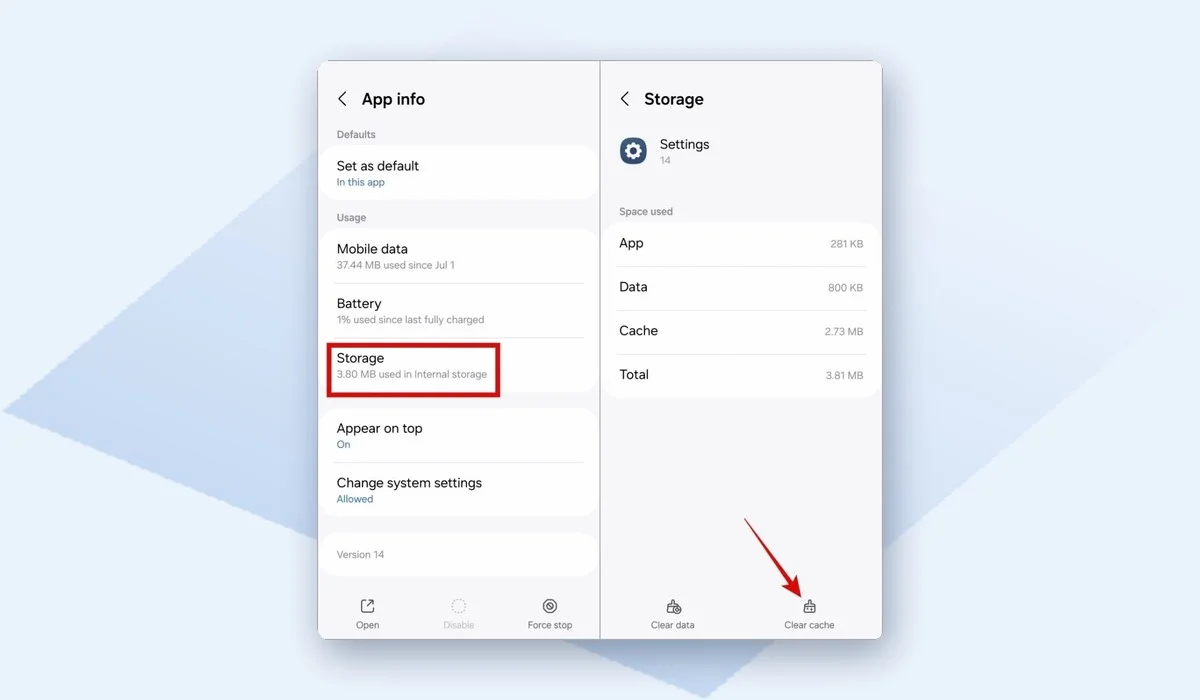 Android app Storage screen with Clear cache button