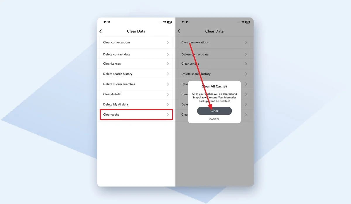 Snapchat Clear Cache option in Clear Data settings