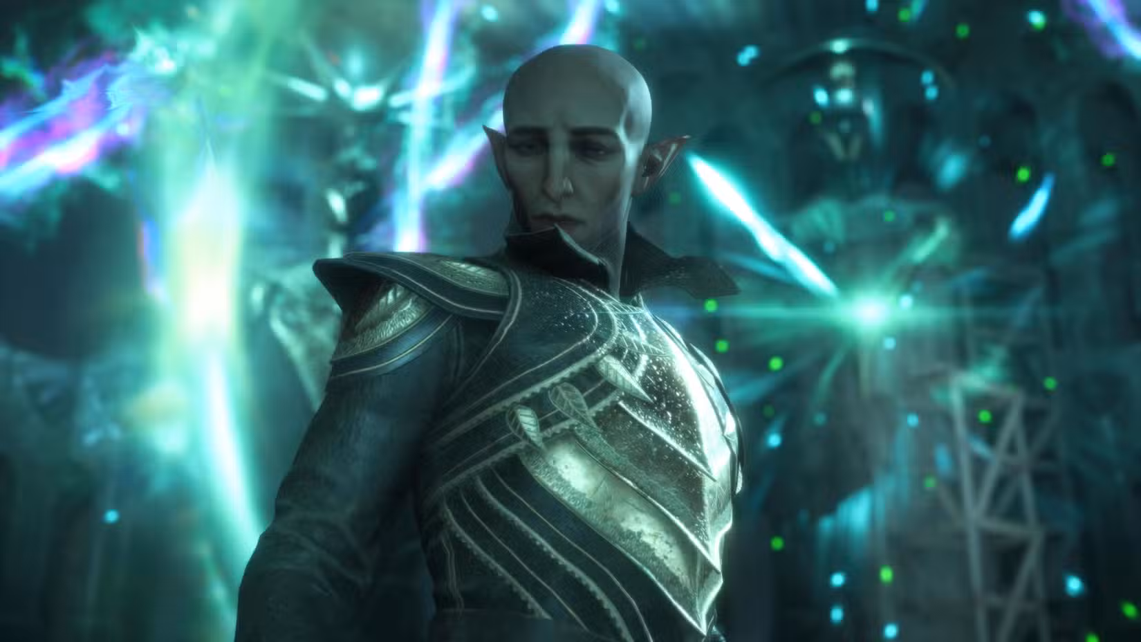 Solas — a hairless, pale elf — gazes down and to the left, looking heartbroken.