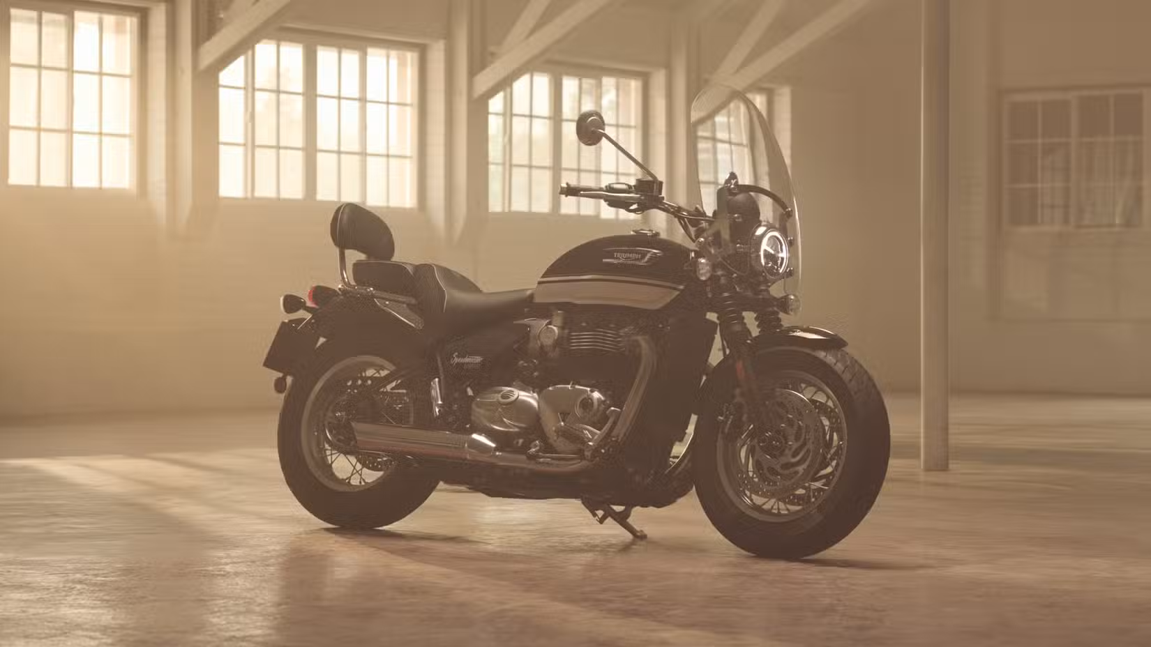2026 Triumph Bonneville Speedmaster parked in a garage front third quarter panned-out view
