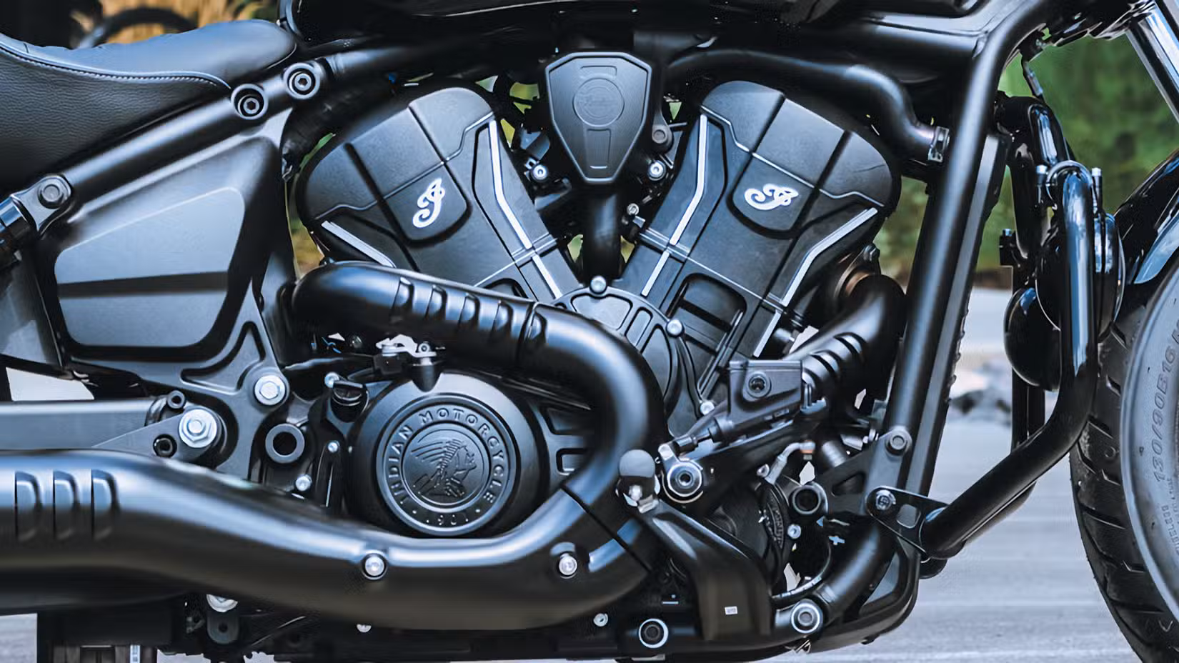 SpeedPlus 999 in an accessorized 2025 Indian Scout Sixty Bobber engine close-up detail 
