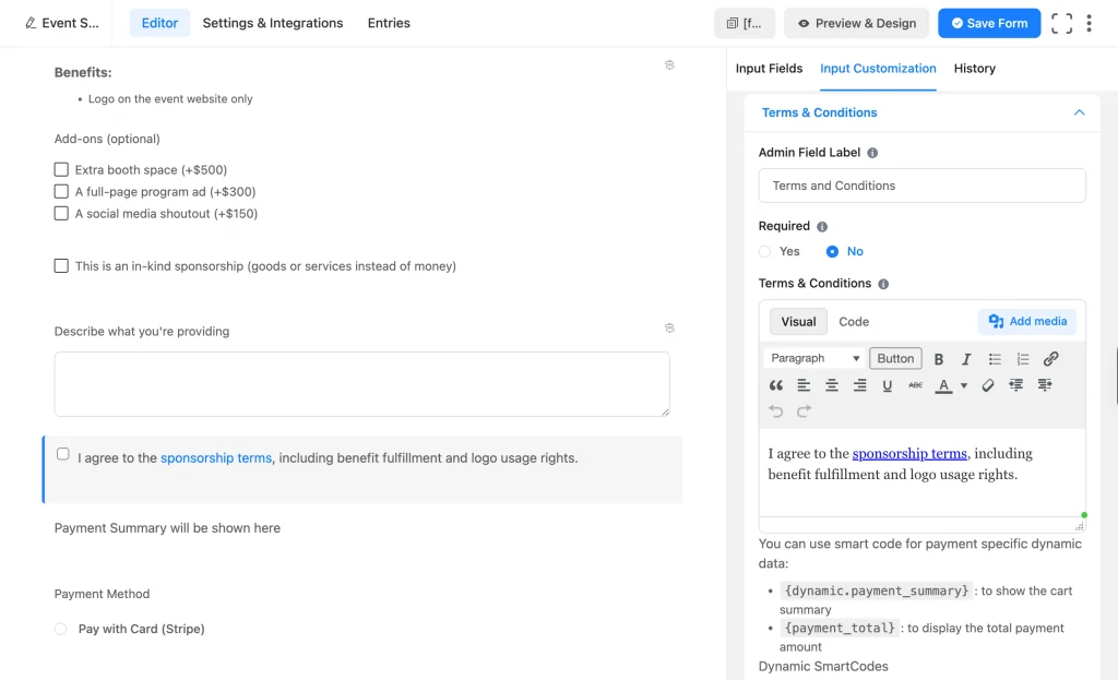 Terms and Conditions field requiring sponsors to agree to benefit fulfillment terms