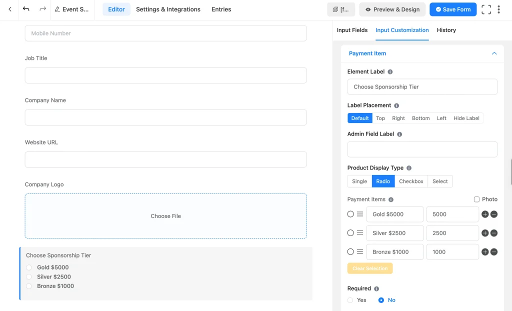 Payment Item field set to Radio display with Gold, Silver, and Bronze sponsorship tiers