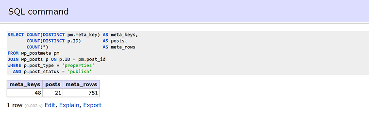 SQL command to count meta rows