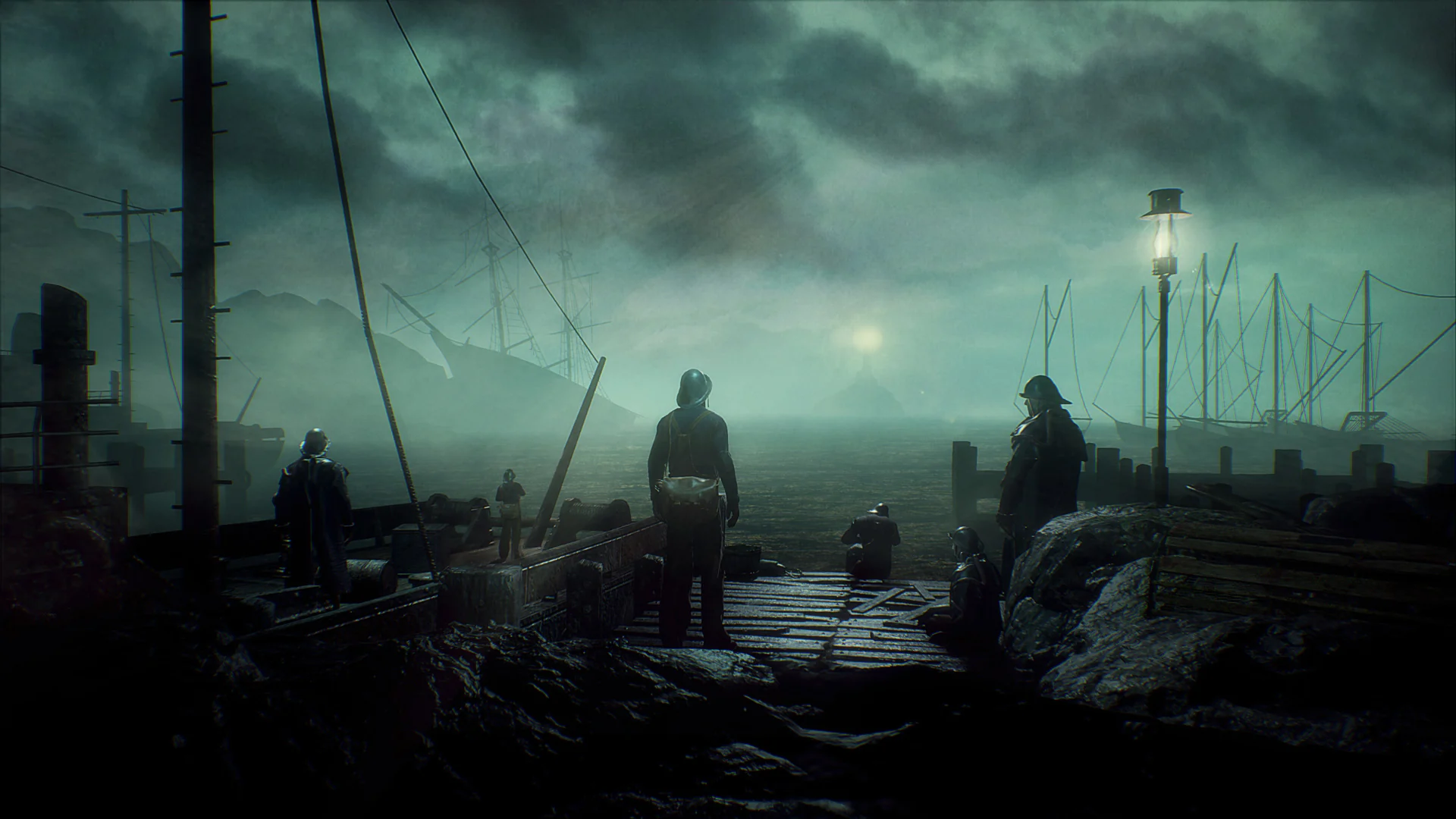 Cops look out at a haunted ocean. 