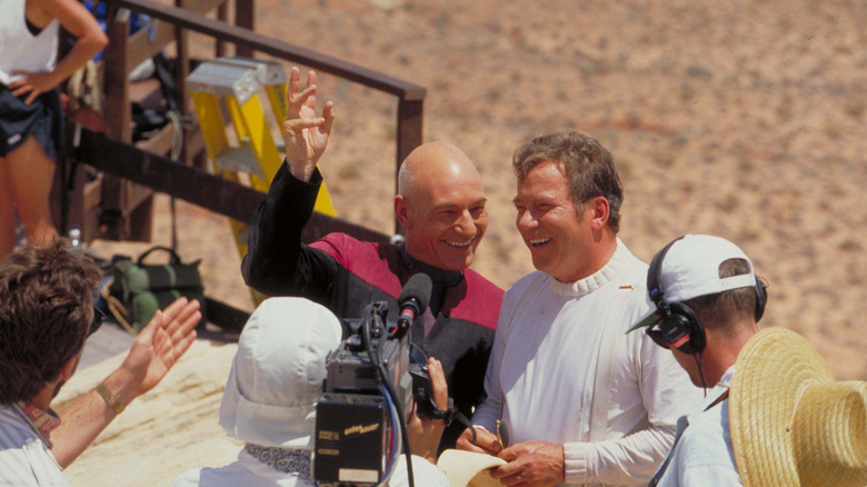 Patrick Stewart and William Shatner together on set of Star Trek: Generations