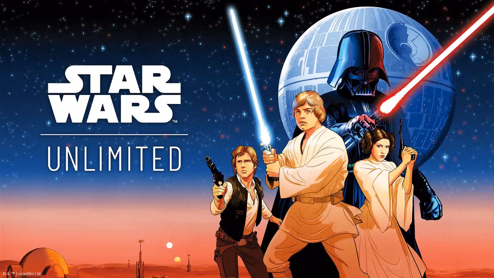 Key art for Star Wars Unlimited featuring Han, Luke, Leia, and Darth Vader.