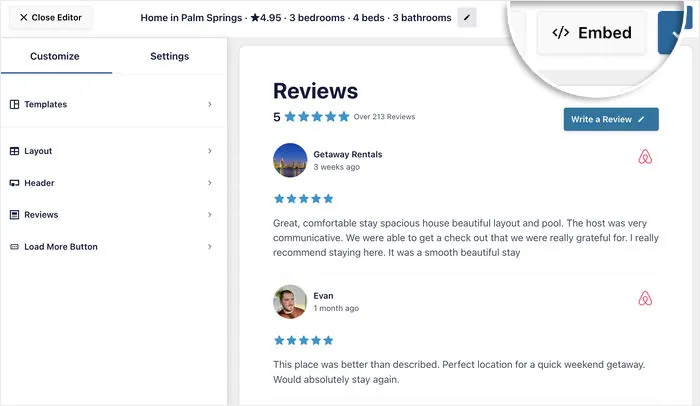 Embed option for an Airbnb reviews feed in Reviews Feed Pro