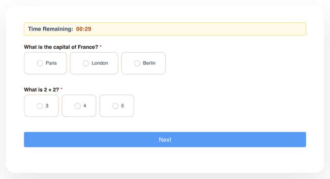 Demo Formidable Forms quiz with 2 questions, a page break, and the countdown for 