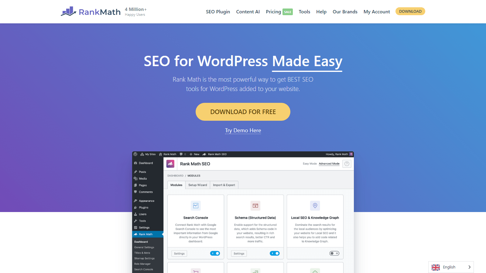 Hero section of Rank Math homepage with a blue to purple gradient, headline 'SEO for WordPress Made Easy', yellow 'DOWNLOAD FOR FREE' button and 'Try Demo Here' link, and a screenshot of a WordPress dashboard underneath.