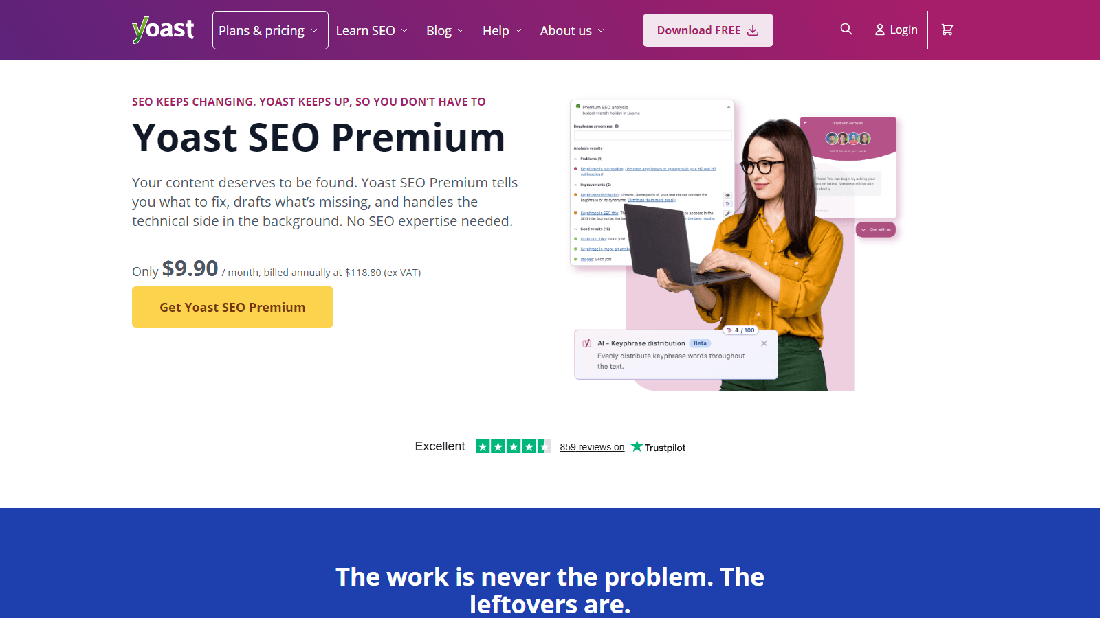 Yoast SEO Premium promo hero with big title, price, CTA, and a woman with a laptop on the right.