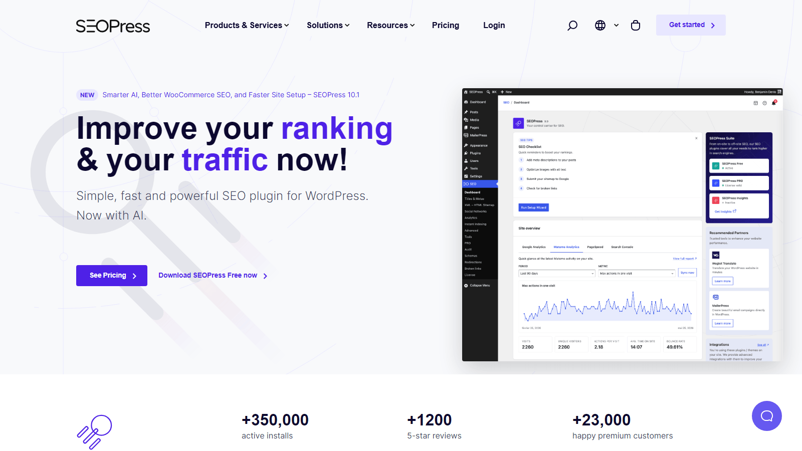 Hero banner with bold headline 'Improve your ranking & your traffic now!' and a right-side mockup of the SEOPress WordPress dashboard.