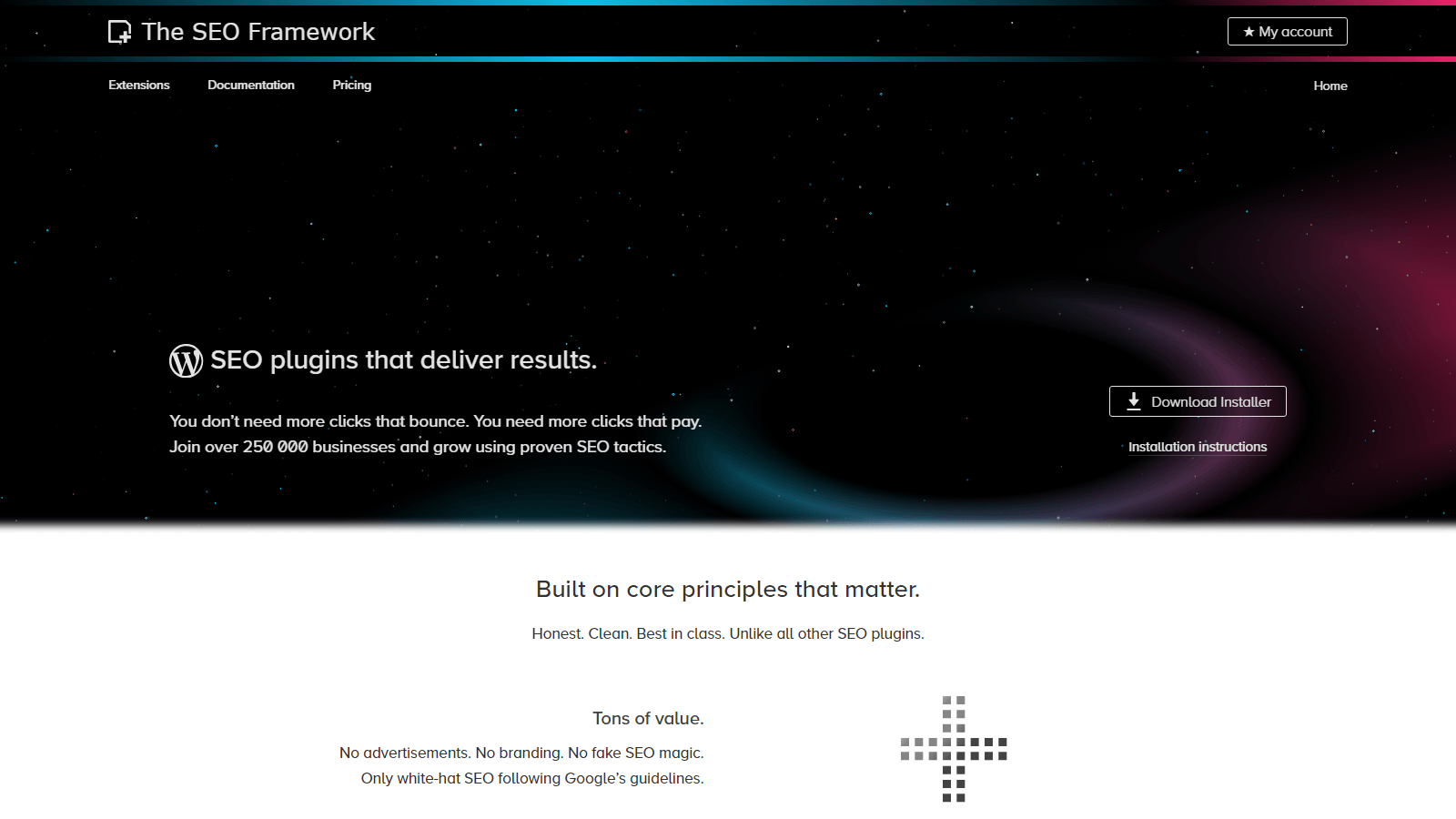Homepage hero: dark space-themed banner with The SEO Framework logo and a prominent 'Download Installer' button on the right.