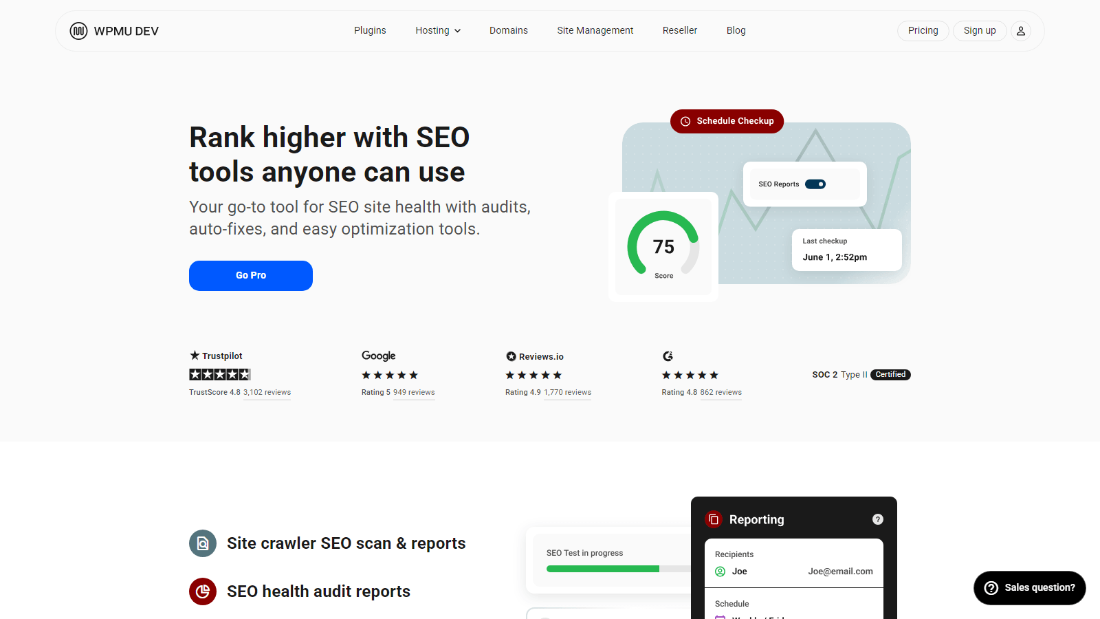 Hero banner for an SEO tools product: bold headline, subhead, blue Go Pro button, and a performance dashboard illustration on the right.