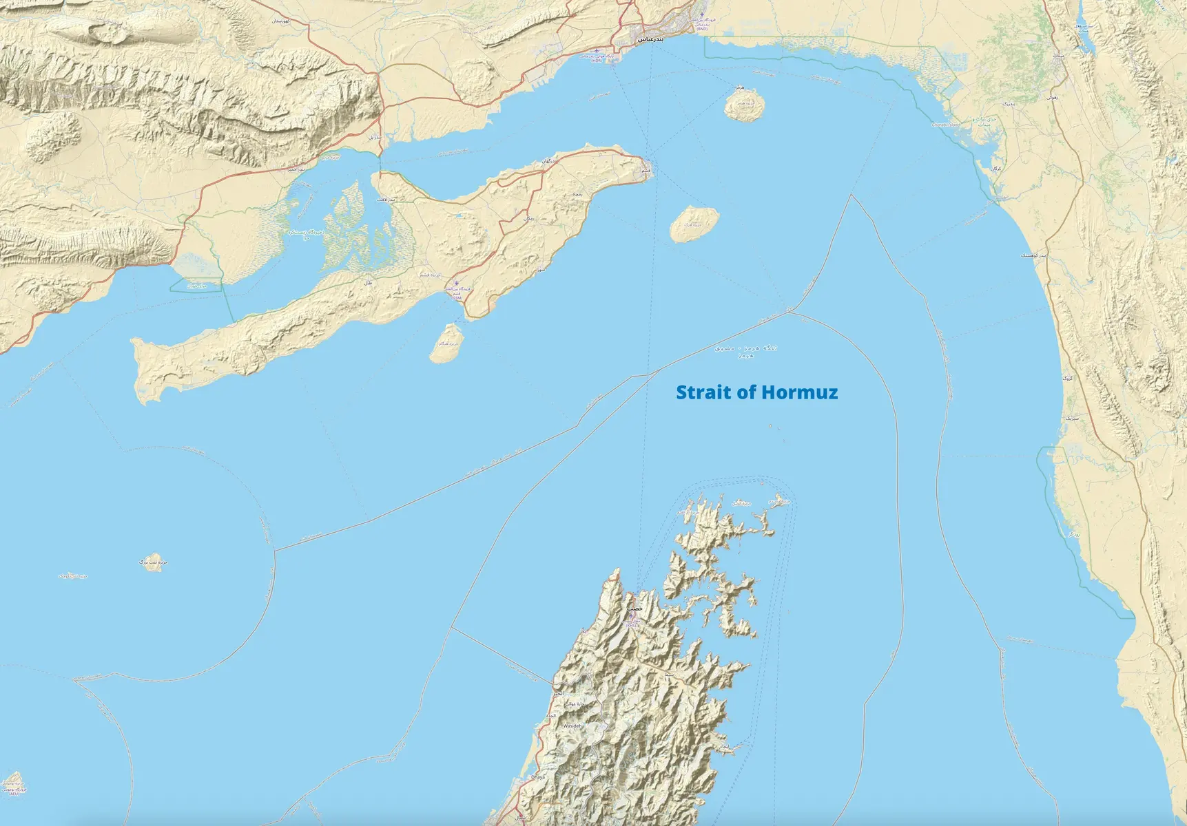 Map of the Strait of Hormuz, showing the maritime corridor between Iran and Oman.