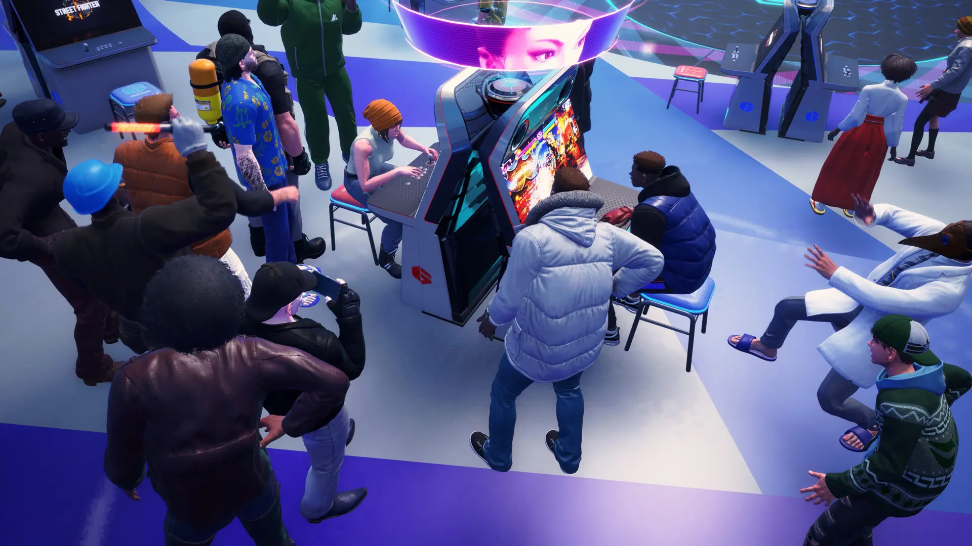 Characters and players gathered around an arcade cabinet playing Street Fighter 6