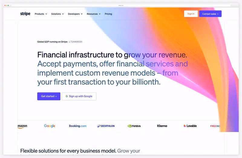 Stripe website animation: gradient ribbons flowing behind the headline
