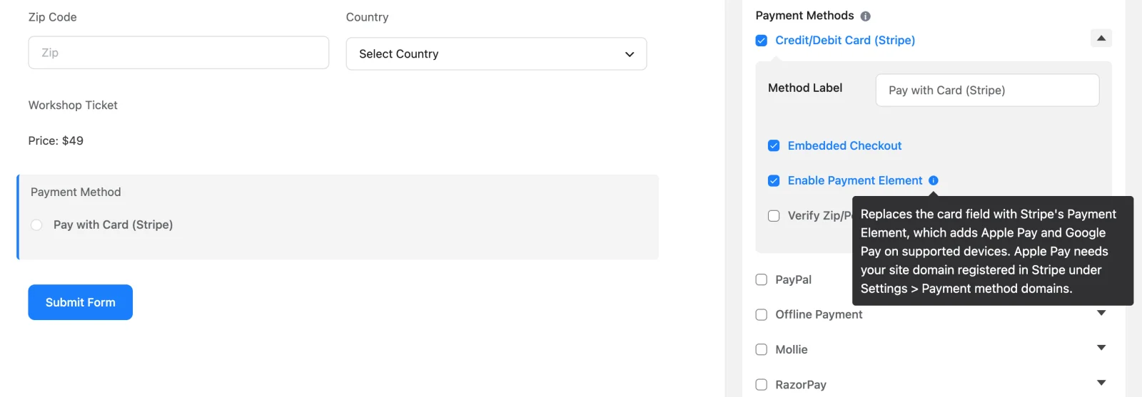 The Stripe options in the Payment Method field, with Enable Payment Element turned on