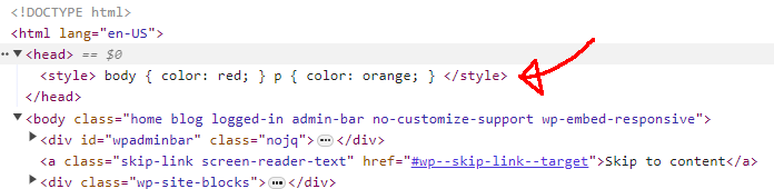 A screenshot showing our css in the head.