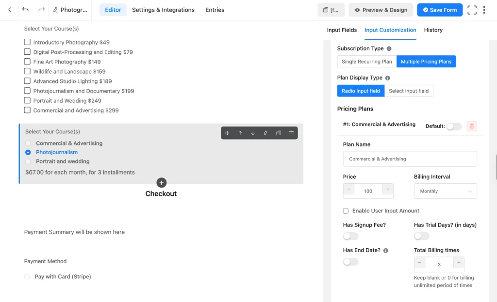 Subscription field set to Multiple Pricing Plans with Radio input field display and plan details