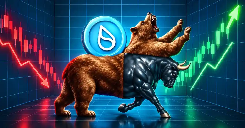Bull and bear fighting near Sui coin and market charts.