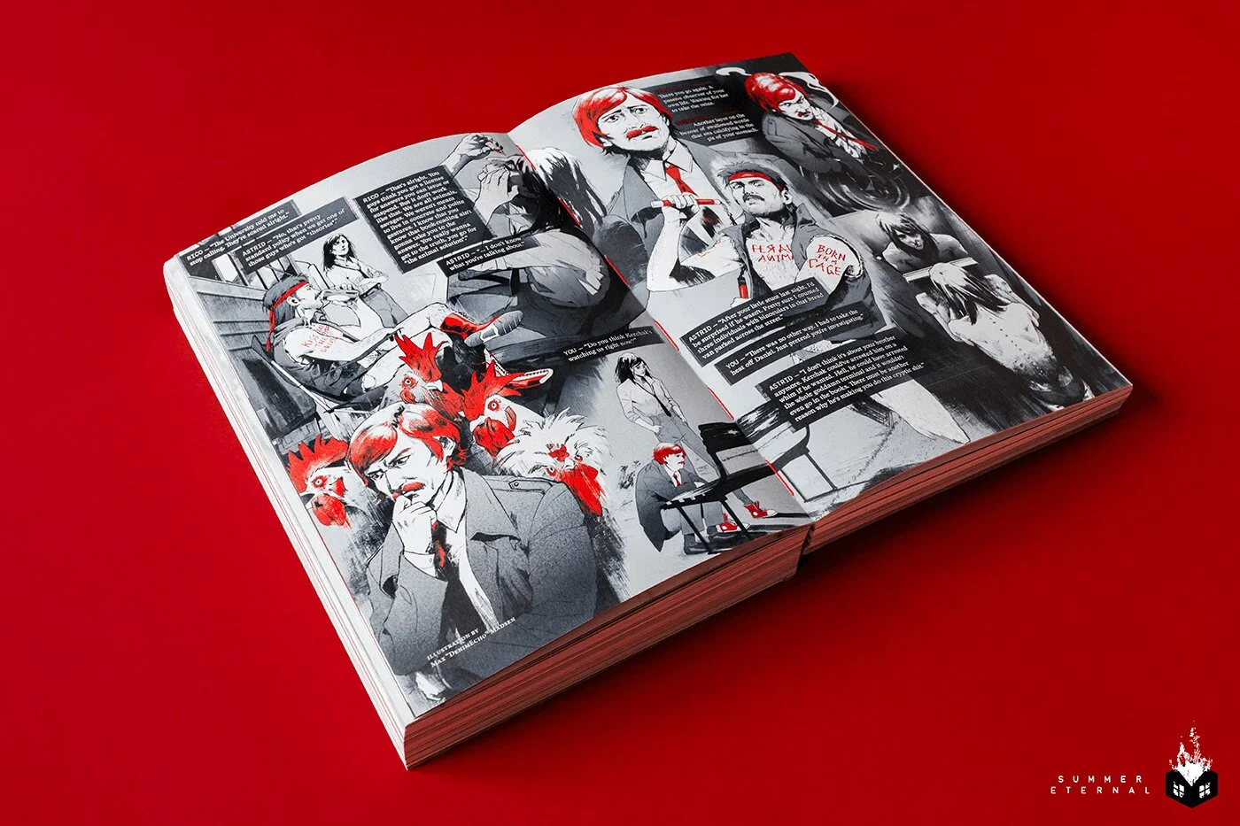 A book spread showing a spread of versions of the red-mustached hero of Red Rooster, the new RPG from Summer Eternal.