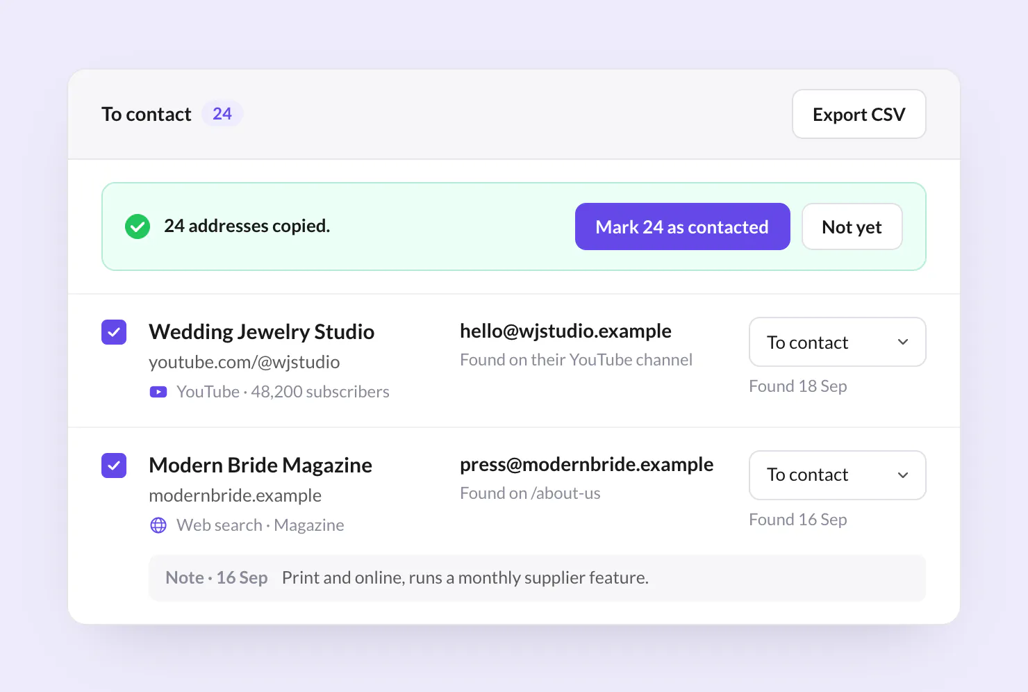 Superb Lead Finder lead list with copied email addresses, an Export CSV button, lead statuses, and a note on a prospect.