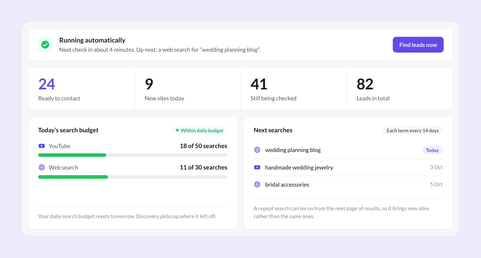 Superb Lead Finder dashboard running searches automatically, with today's YouTube and web search budget and the next scheduled searches.