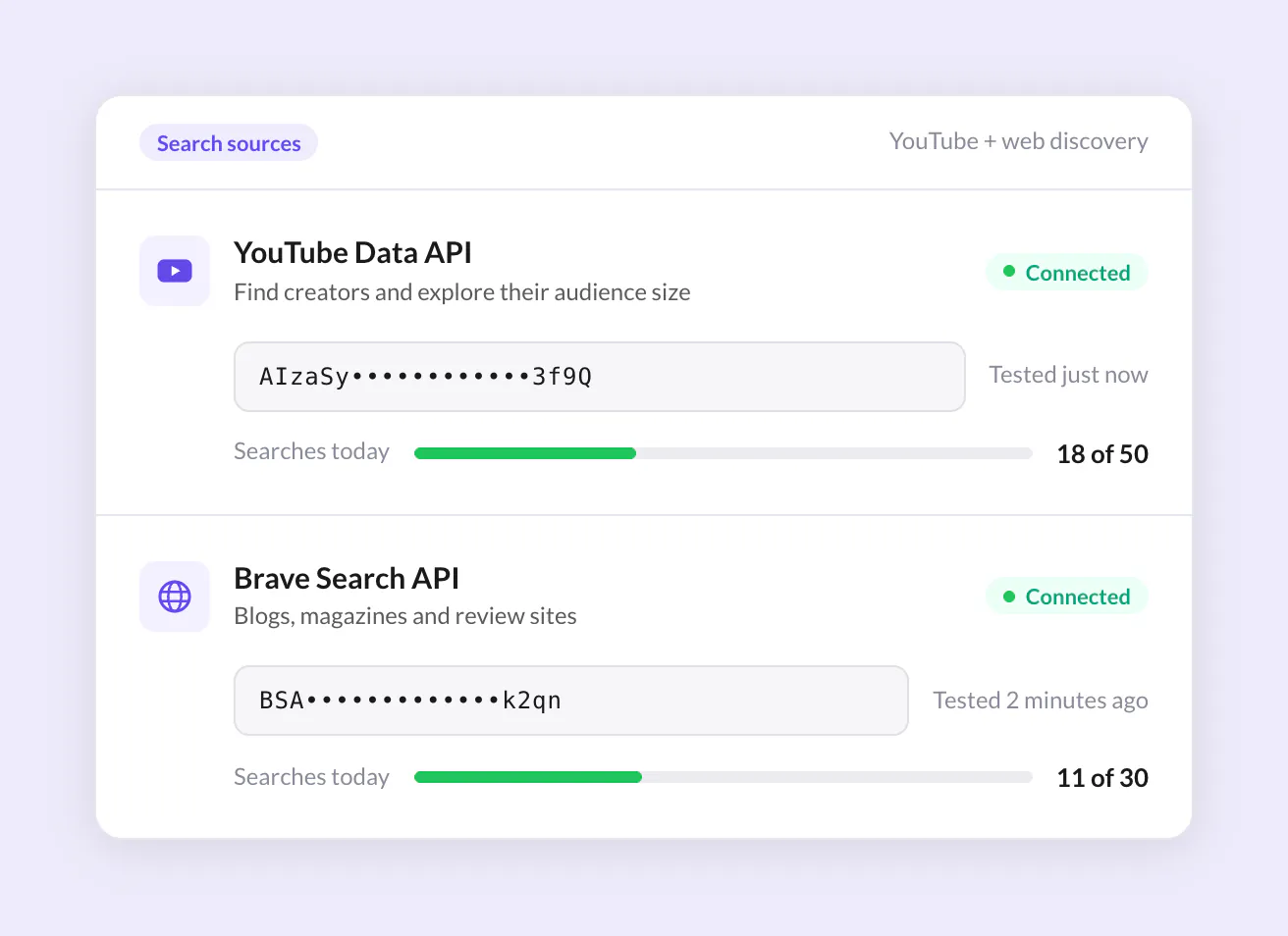 Superb Lead Finder search sources with a YouTube Data API key and a Brave Search API key connected, each with its own daily search count.