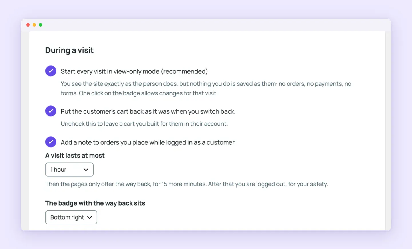 Superb Login As User visit settings with the option to put the customer's cart back as it was when you switch back.