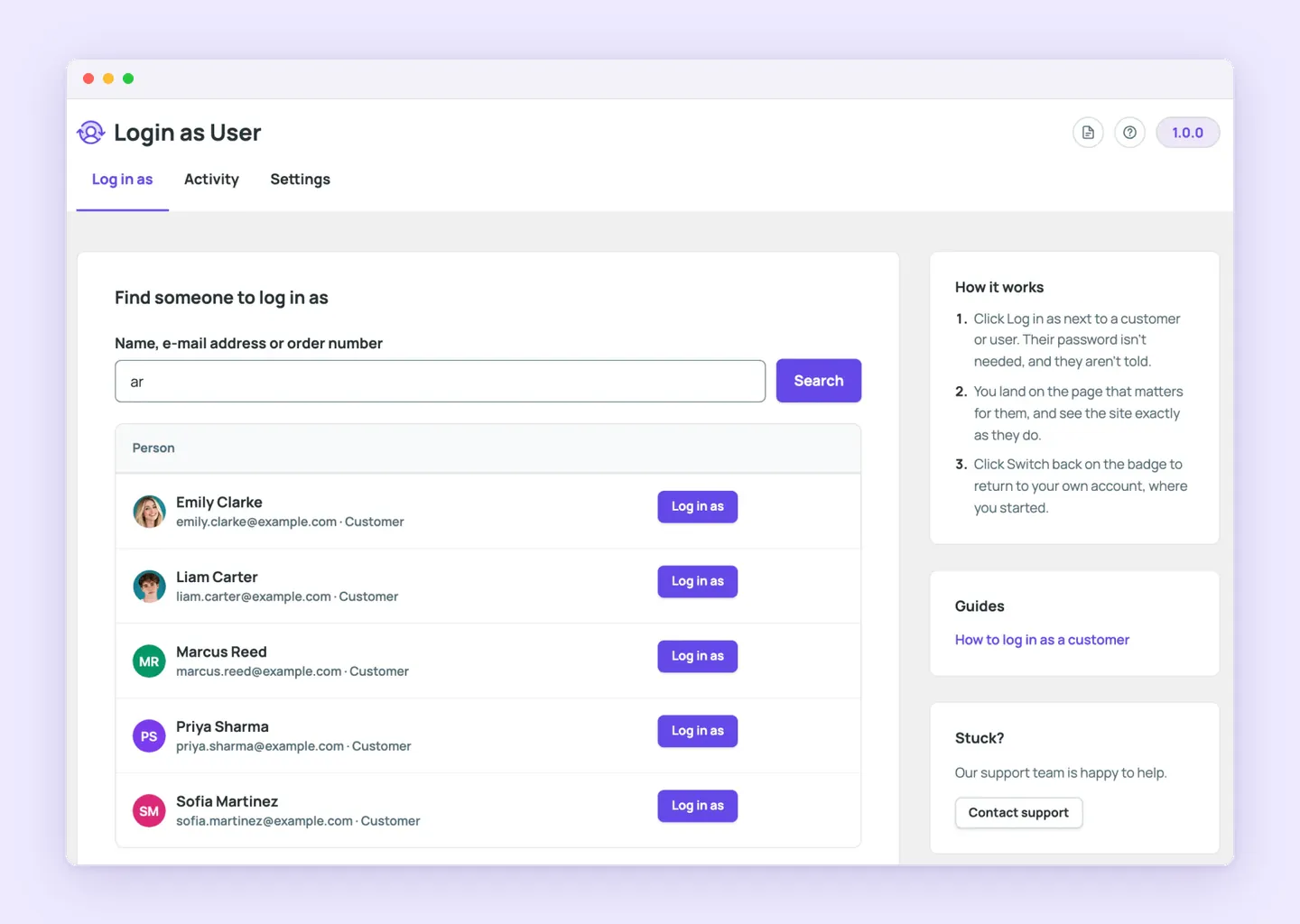 Superb Login As User search finding customers by name, email address or order number, each with a Log in as button.