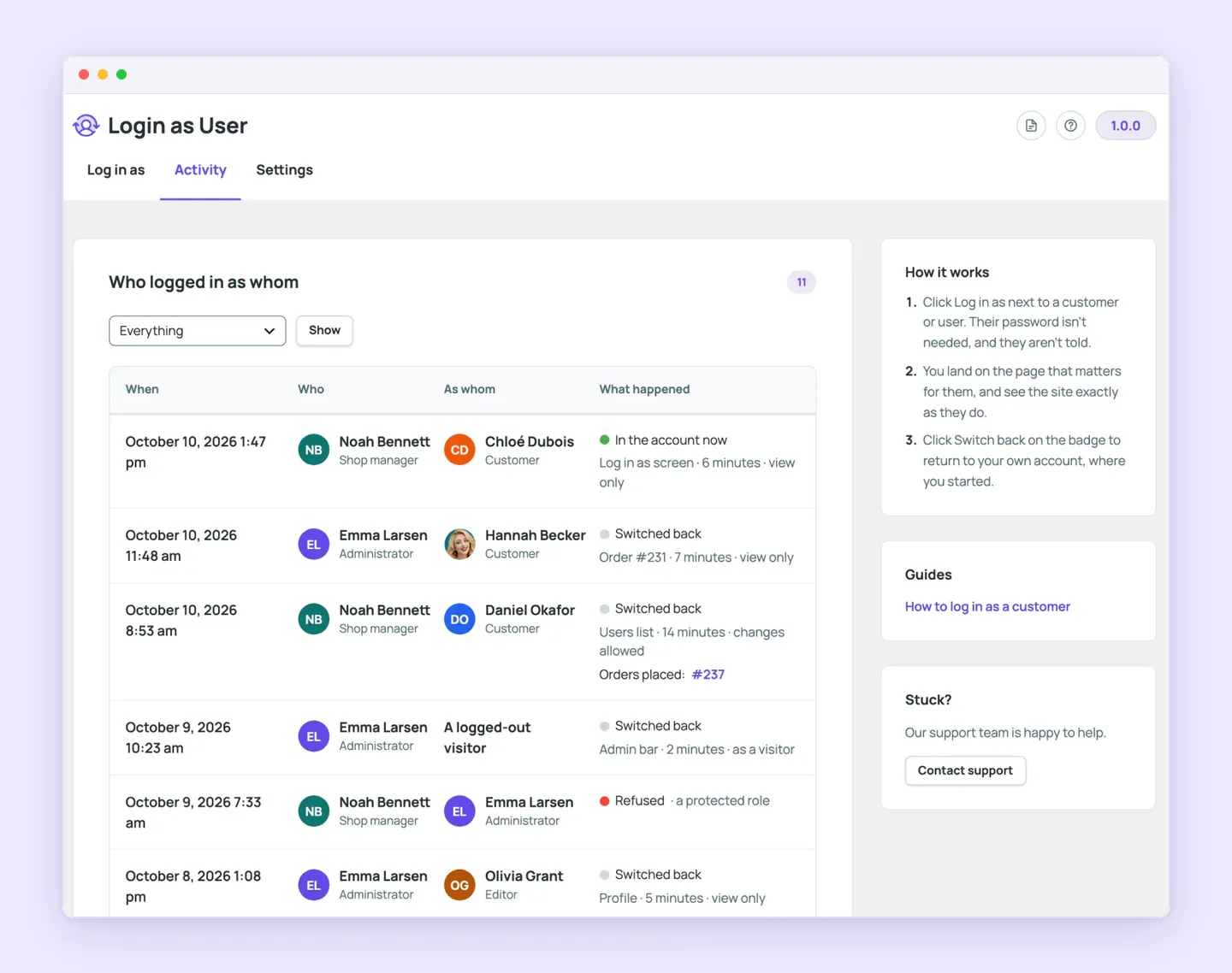 Superb Login As User activity list naming the staff member, the account visited, the time and what happened, including orders placed.