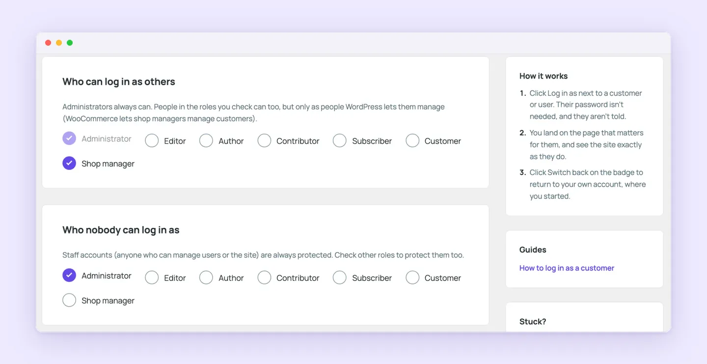 Superb Login As User role settings: which roles can log in as others, and which accounts nobody can log in as.