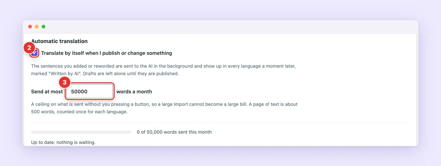 Superb Translate automatic translation turned on, with a limit of 50,000 words a month and a counter of words sent this month.