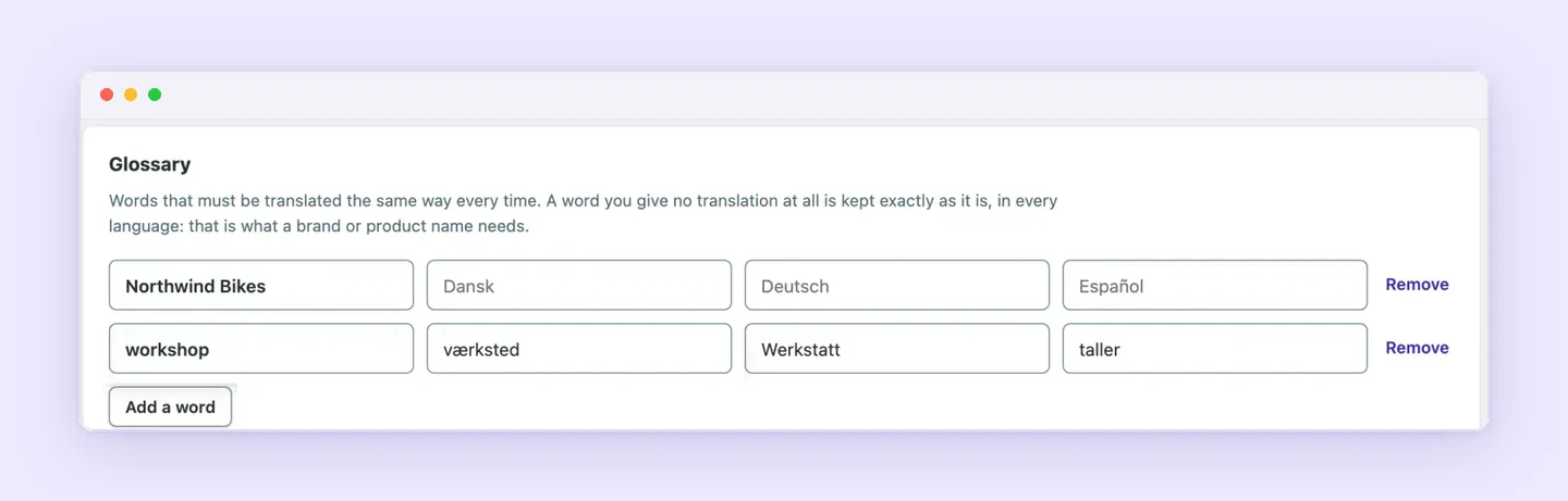 Superb Translate glossary keeping the brand name Northwind Bikes unchanged in every language and translating workshop as værksted, Werkstatt and taller.