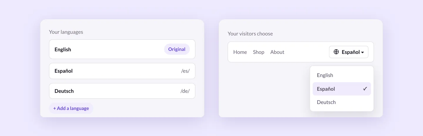 Superb Translate language list with English as the original and its own address for Spanish and German, next to a language switcher in the site menu.