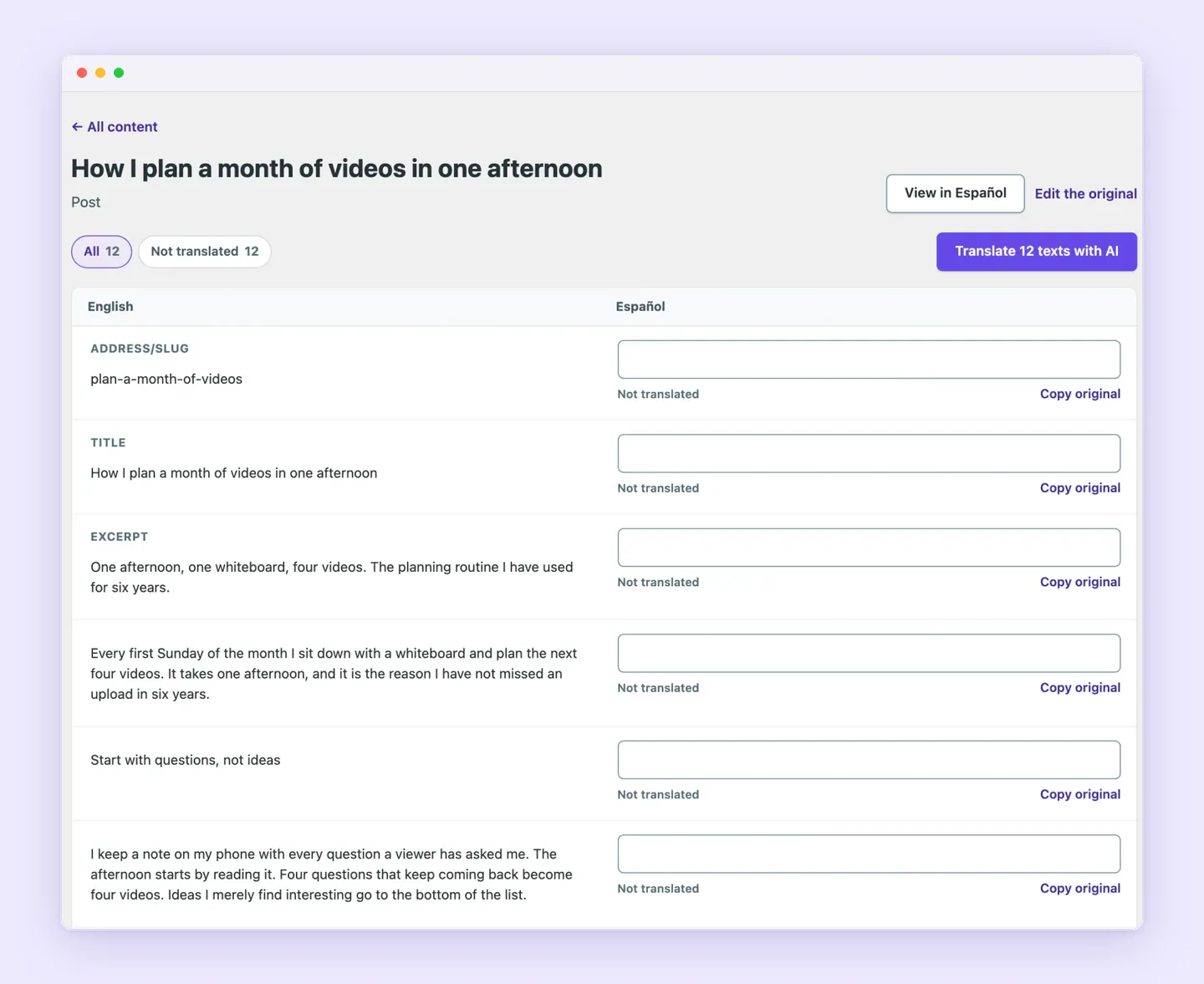 Superb Translate screen for a single post with each English text beside an empty Spanish field and a Translate 12 texts with AI button.