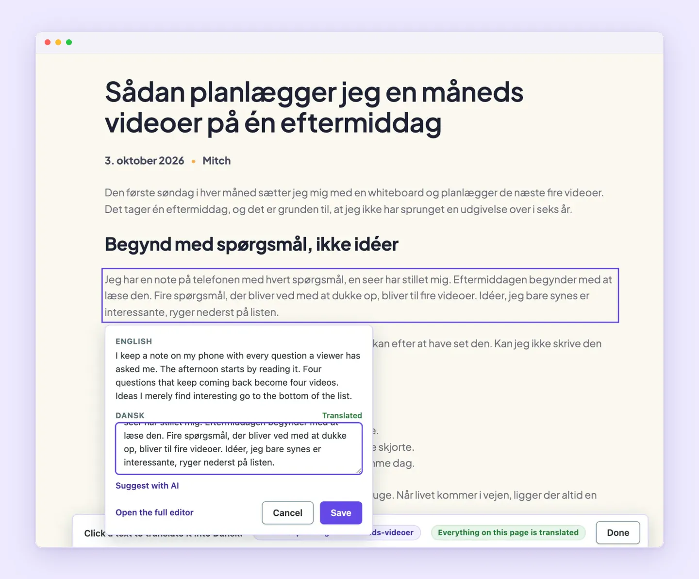 Superb Translate on-page editor on a Danish blog post, showing the English original, the Danish translation, a Suggest with AI link and a Save button.