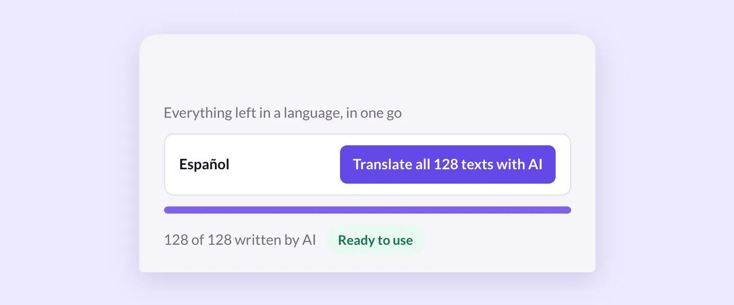 Superb Translate bulk translation for Español with a Translate all 128 texts with AI button and a progress bar showing every text ready to use.