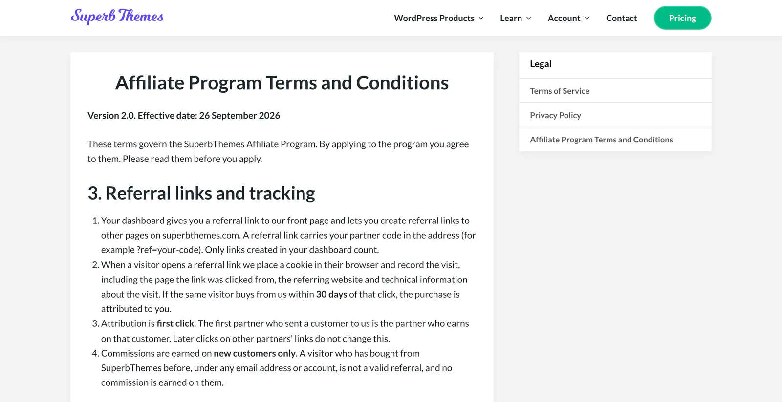 SuperbThemes Affiliate Program Terms and Conditions, version 2.0 effective 26 September 2026, showing 30-day first-click tracking for new customers only.