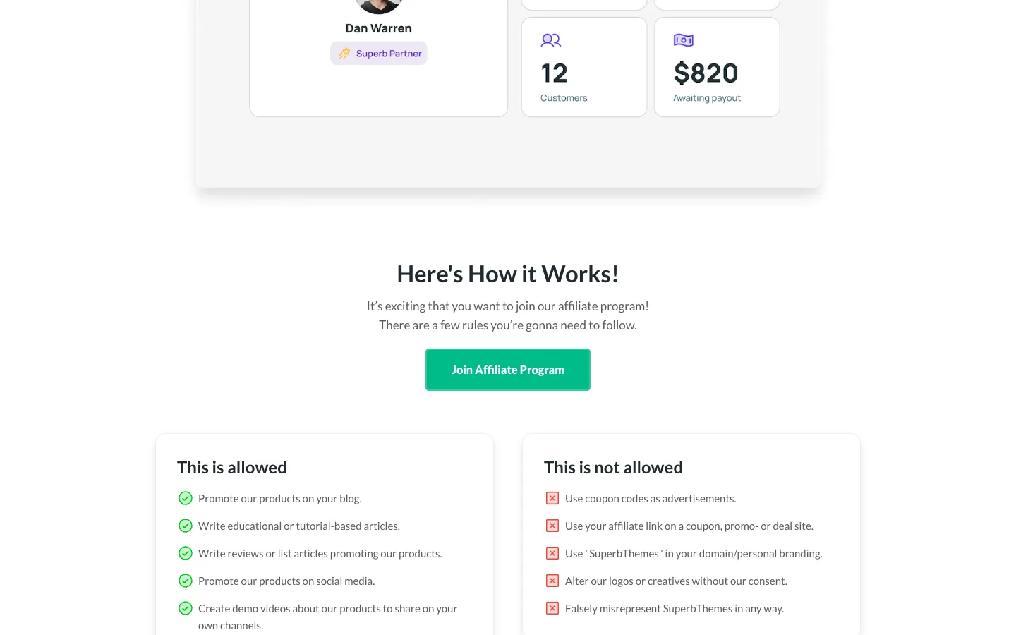 What SuperbThemes affiliates are and aren't allowed to do
