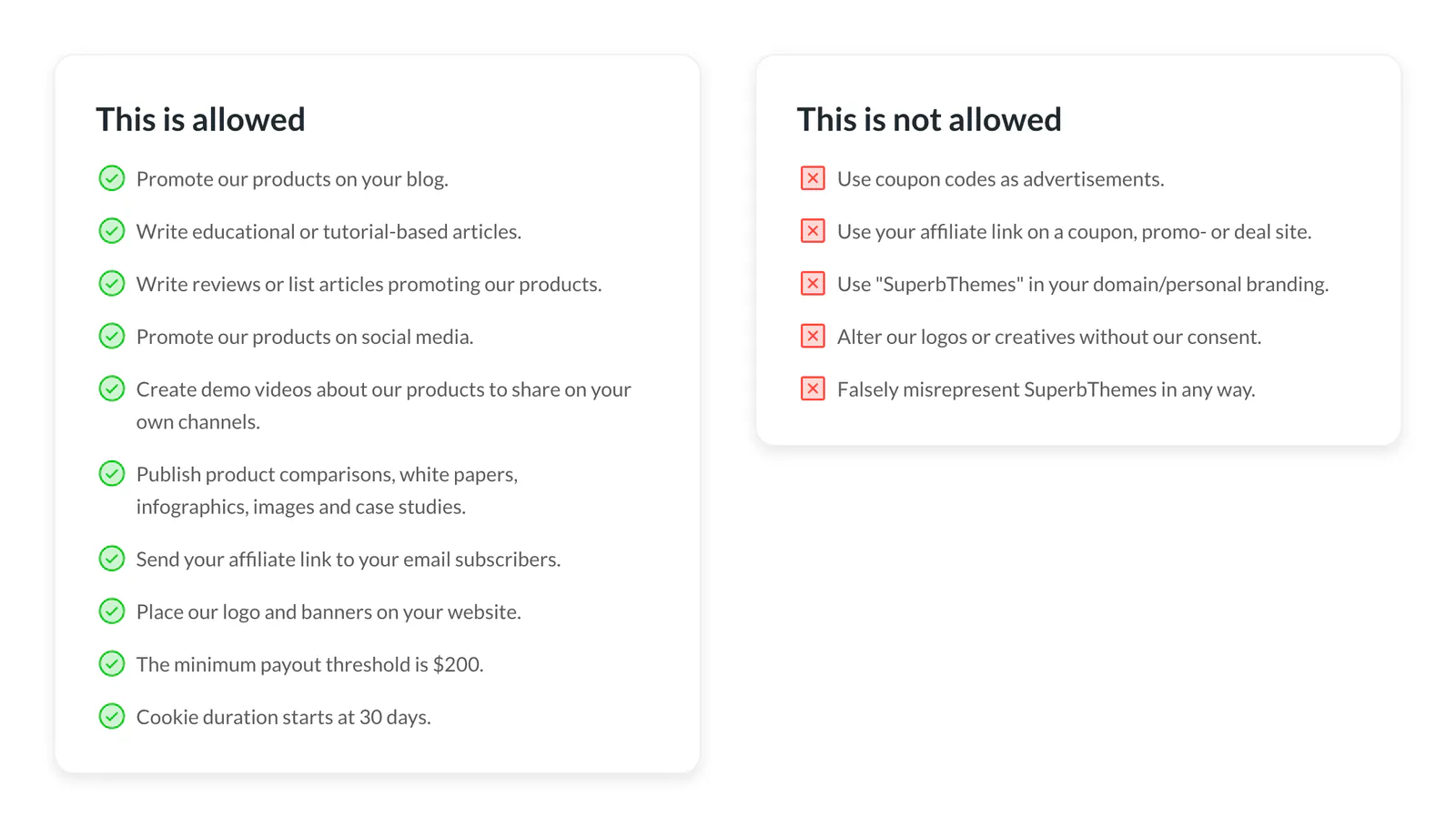 SuperbThemes affiliate rules listing allowed promotion such as blog posts, reviews, videos, and email, and prohibited coupon and deal-site promotion.