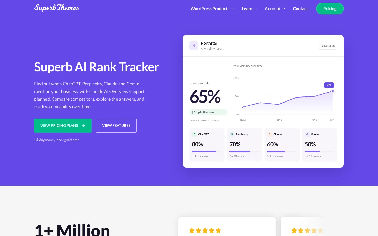 Superb AI Rank Tracker product page with a brand visibility report