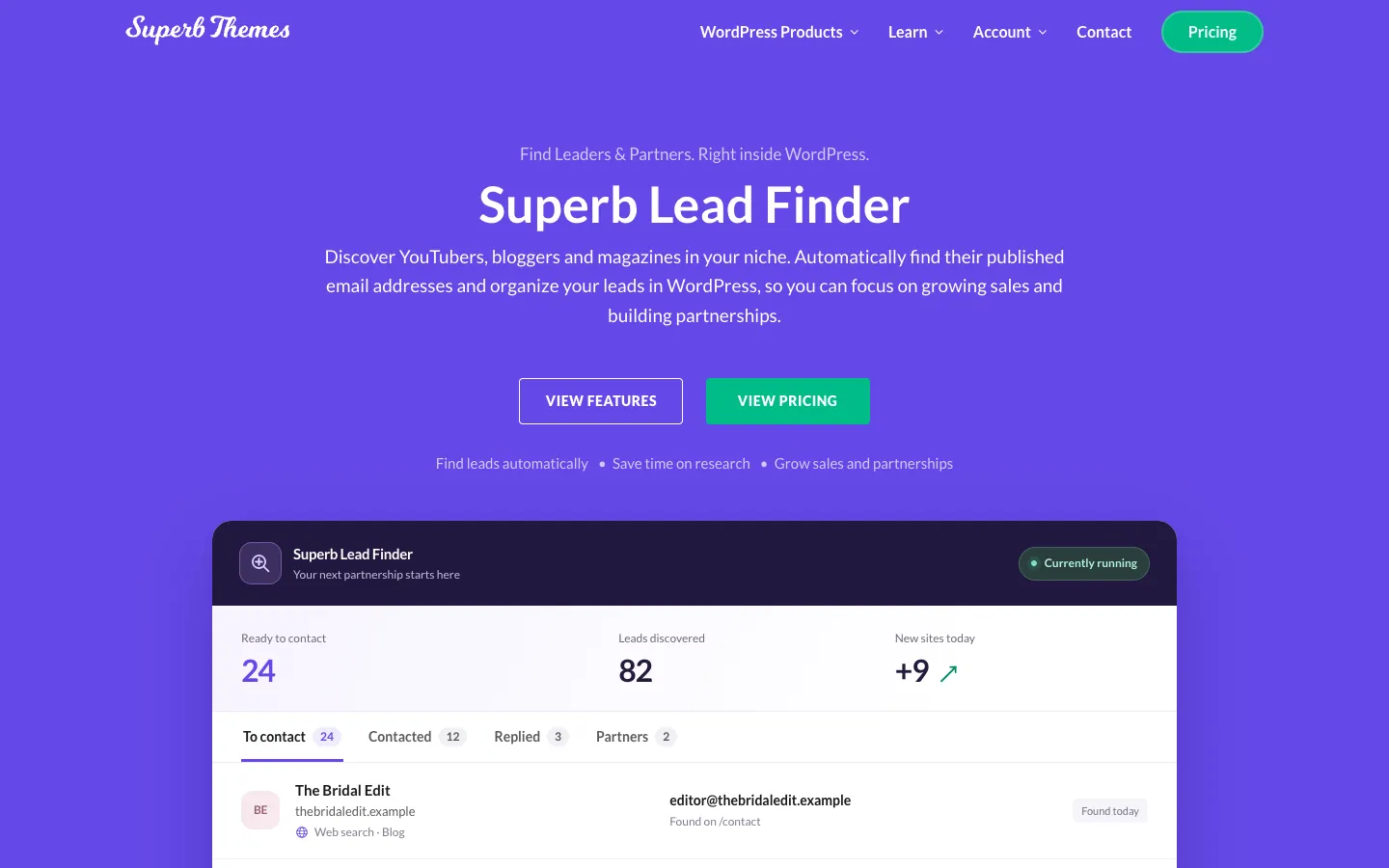 Superb Lead Finder product page showing the lead dashboard in WordPress